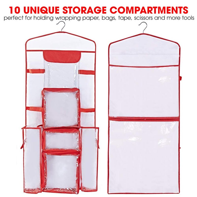 Primode Wrapping Paper Storage Hanging | Gift Wrap Organizer Double Sided | Pockets for Gift Bags, Ribbon, Bows and Accessories | 40â€x17â€ Fits 40 Inch Rolls | Clear PVC Bag (Red) - Image 2